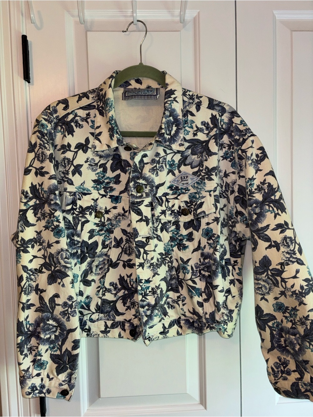 Vintage Express Cream Jean Jacket with Blue Floral Print